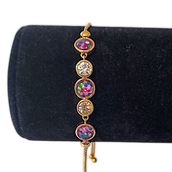 Rhinestone Bolo Bracelet Adjustable Bezel Set Confetti Gold Tone Multi Color - Picture 9 of 16